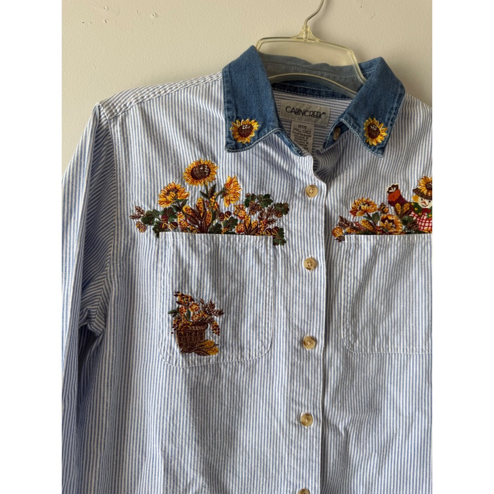 Cabin Creek Woman's Small Blue White Striped Sunflower Fall Embroidered Shirt - Picture 2 of 10